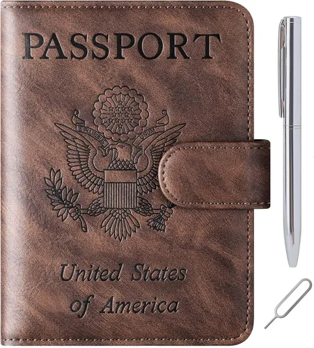 Miniatura 15 de Funda para pasaporte, cartera, artículos esenciales de viaje, de cuero, estuche con bloqueo RFID, equipaje de vacaciones, artículos imprescindibles