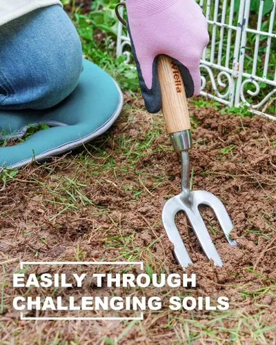 Miniatura 6 de Herramienta de mano de horquilla de jardín, tenedor pequeño de 12 pulgadas con mango de madera de 3 dientes puntiagudos para jardinería, cultivo