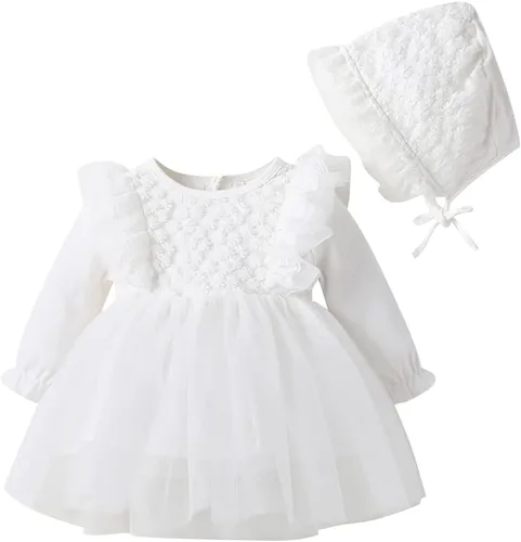 Miniatura 69 de Vestido de otoño de manga larga para niña pequeña, vestido de encaje con flores, boda, primer cumpleaños, bautizo, vestido con sombrero