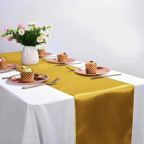 Miniatura 7 de Paquete de 20 caminos de mesa dorados de satén de 12 x 108 pulgadas de largo para bodas, decoraciones para fiestas de cumpleaños, banquetes