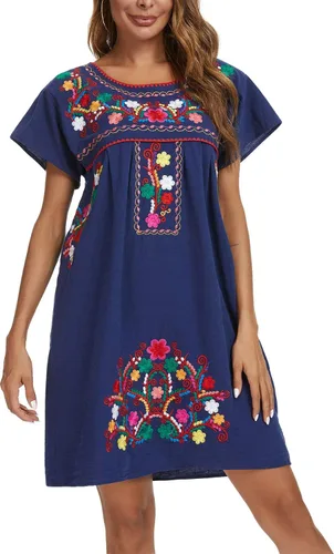 Miniatura 4 de YZXDORWJ - Vestido mexicano bordado de manga corta para mujer
