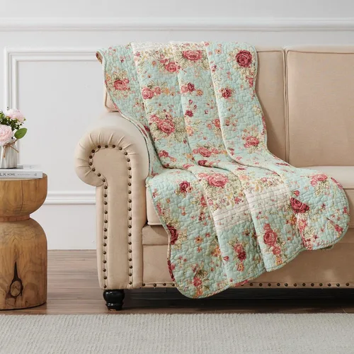 Greenland Home Fashions Antique Rose - Manta acolchada de 100% algodón, diseño floral tradicional, 50 x 60 pulgadas, color azul