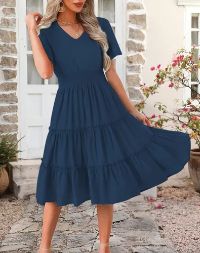 Miniatura 2 de Zattcas Vestidos de otoño de manga larga 2023 para mujer, cuello en V, cintura fruncida, casual, fluido, acampanado, vestido midi de trabajo