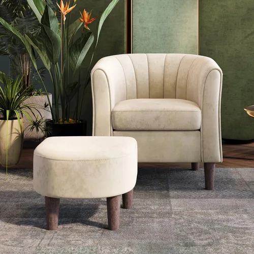 Miniatura 13 de LINSY Silla decorativa con otomana, sillón moderno, cómoda silla de lectura de barril con reposapiés para sala de estar, dormitorio, sala de Beige