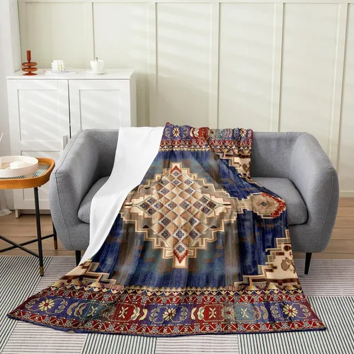Miniatura 15 de Erosebridal Manta Bohemia de Tiro 40x50 Pulgadas, Retro Azul Amarillo Degradado Rojo Floral Bohemio Tribal de Vellón, Vintage Antiguo Enrejado