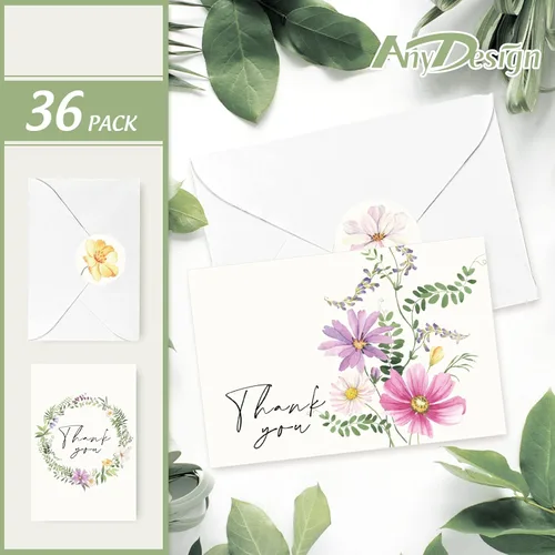 Miniatura 3 de AnyDesign Paquete de 36 tarjetas de agradecimiento florales, tarjetas de felicitación de flores silvestres en acuarela con sobres, calcomanías