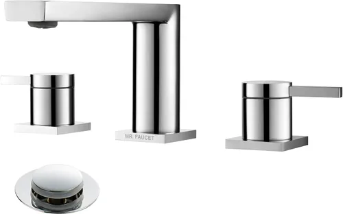 Grifos de latón de lujo para fregadero de baño de 3 agujeros, 2 manijas, 8 pulgadas y montaje de drenaje desplegable de acero inoxidable, cromado