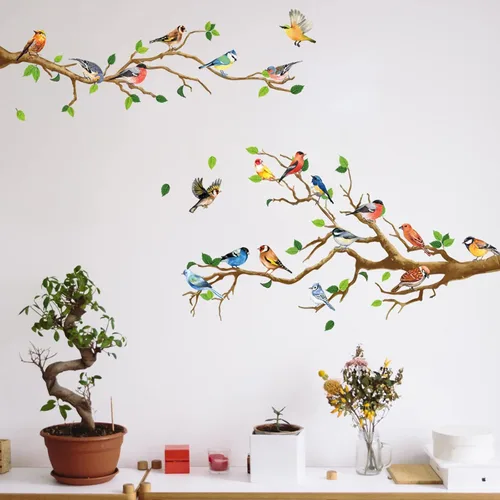 Miniatura 3 de Maydahui Vinilo adhesivo de pared con diseño de pájaros en ramas de árbol (34 x 34 pulgadas) removible para despegar y pegar, murales artísticos