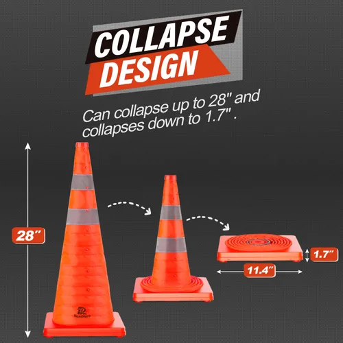 Miniatura 6 de RoadHero Paquete de 4 conos plegables de seguridad de tráfico de 28 pulgadas, conos emergentes multiusos con collar reflectante para seguridad vial