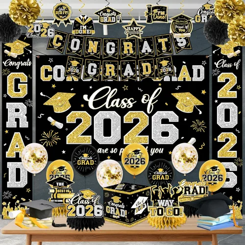 Miniatura 3 de Decoraciones de graduación de clase de 2026, decoraciones de graduación negras y doradas con pancarta de felicitaciones, telón de fondo, letrero