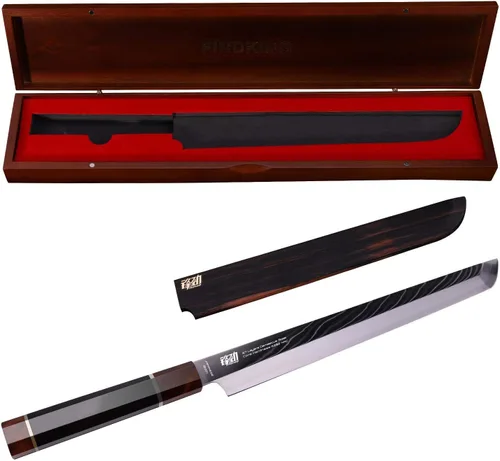 Miniatura 7 de FINDKING Cuchillo Sakimaru de la Serie Prestige con Funda de Nogal, Hoja de Acero Damasco Japonés SKD11, Mango Octagonal de Madera de Ébano