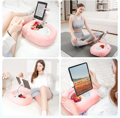 Miniatura 2 de Soporte de almohada para tableta, soporte ajustable para Kindle con 2 cuencos para aperitivos, soporte ajustable para iPad de 360° para cama