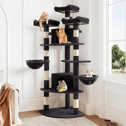 Miniatura 11 de Allewie Torre esquinera para gatos de 73 pulgadas en forma de abanico que ahorra espacio, árbol alto de varios niveles para gatos de interior/cestas