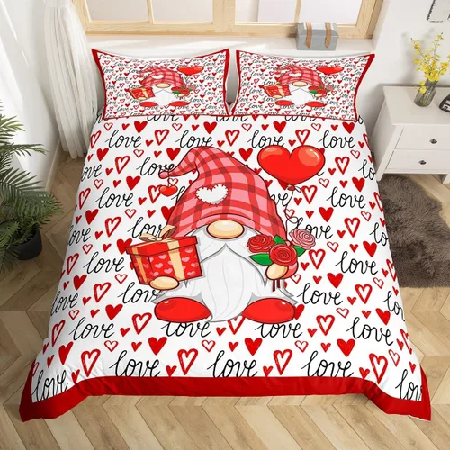 Juego de funda de edredón de gnomo lindo para el día de San Valentín, tamaño individual, juego de ropa de cama con estampado de corazón rojo para
