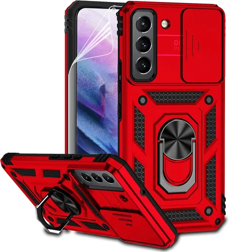 Funda para Samsung Galaxy S22 con cubierta para lente de cámara, protector de pantalla HD, doble capa de grado militar probada contra caídas, Rojo