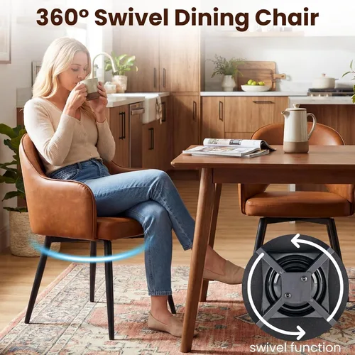Miniatura 4 de DUOMAY Juego de 2 sillones giratorios tapizados de piel sintética moderna con patas de metal para cocina, sala de estar, color marrón
