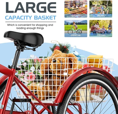 Miniatura 4 de Slsy Triciclo de montaña para adultos, bicicleta de tres ruedas de 7 velocidades, triciclos para adultos de 24/26 pulgadas para personas mayores