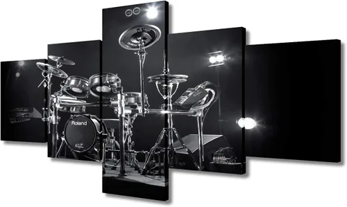 Miniatura 27 de Arte de pared en blanco y negro, kit de batería de jazz morado sobre fondo negro, pinturas de 5 paneles, lienzo, arte de pared para decoración