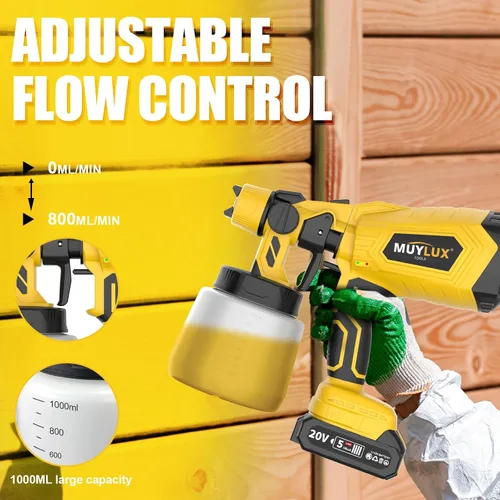 Miniatura 6 de Pulverizador de pintura inalámbrico con batería y cargador, pistola pulverizadora eléctrica de 800W con 5 boquillas y 3 patrones, pulverizador