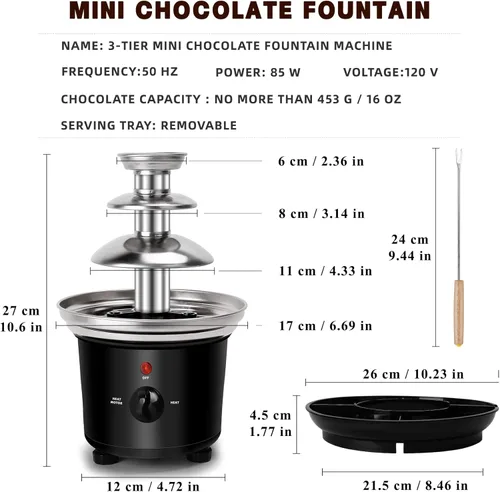 Miniatura 7 de Fuente de fondue de chocolate de 16 onzas, mini fuente de chocolate de 3 niveles con 6 tenedores de fondue y bandeja de extracción de frutas/frutos
