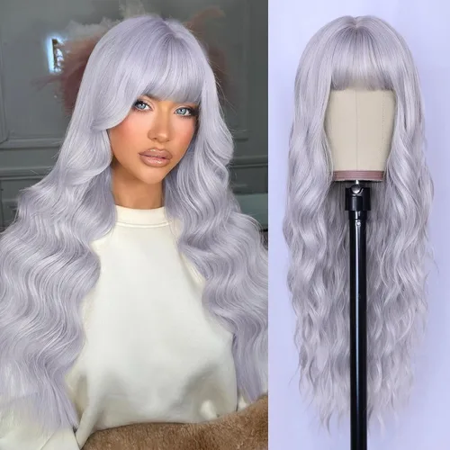 Miniatura 24 de NAYOO Pelucas marrones con flequillo para mujer, pelucas de cabello largo y ondulado, resistentes al calor, pelucas de fibra sintética para uso