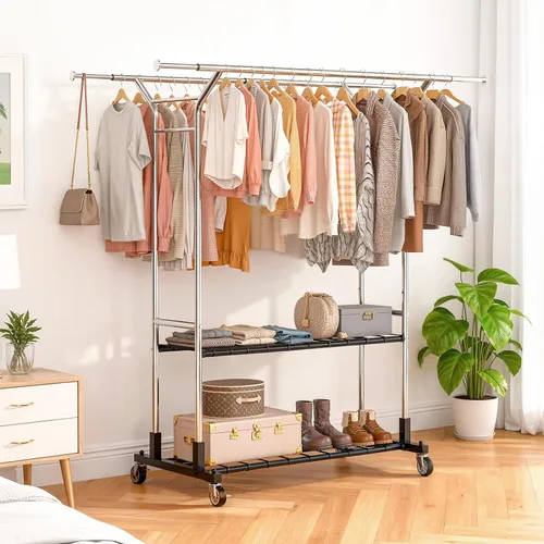 Miniatura 2 de Luxspire Perchero resistente con carga de 650 libras, percheros de ropa de doble barra para colgar ropa, estantes de ropa rodantes con ruedas