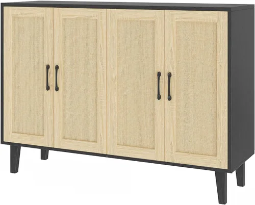 Panana Armario de almacenamiento de buffet con decoración de ratán 4 puertas, aparador de cocina para sala de estar, 48.43 x 34.65 x 15 pulgadas