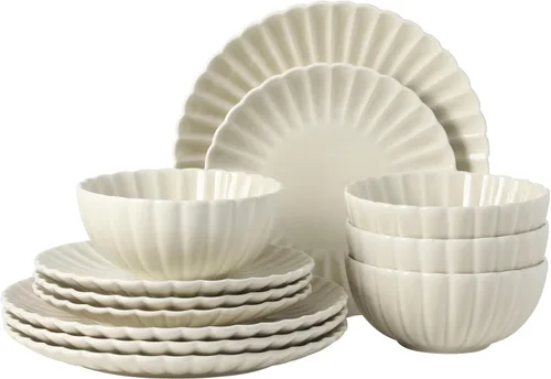 Miniatura 13 de Gibson Elite Peach Orchard 12-Piece New Bone China Dinnerware Set Service for 4, Embossed Fluted Plates and Bowls, Dishwasher and Microwave Safe