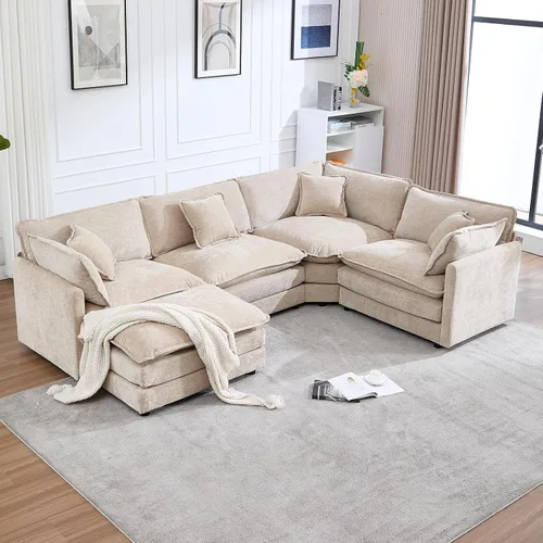 Miniatura 31 de Sofá modular Cloud seccional, moderno sofá modular en forma de L de felpilla con otomana y almohadas, sofás esquineros de asiento profundo de 5 Negro