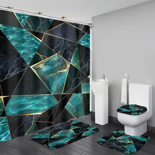 Miniatura 12 de LQCOOL Juego de 4 piezas de cortina de ducha azul con cubos 3D, juegos de baño, juego de cortina de ducha moderna para juegos de baño con alfombras