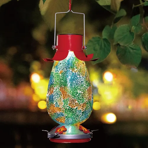 Miniatura 7 de Comedero solar LED para colibríes para exteriores, mosaico de vidrio multicolor, botella de néctar de colibrí colgante con 4 estaciones