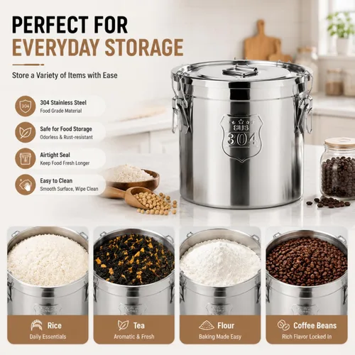 Miniatura 6 de Recipiente hermético de acero inoxidable de 12L/2.64 galones, recipientes de almacenamiento de alimentos con tapa hermética y abrazadera de bloqueo