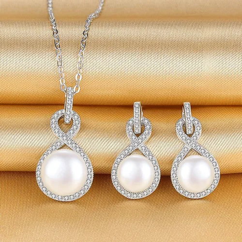 Miniatura 2 de EleQueen Juego de collar y aretes de plata de ley 925 con circonita cúbica AAA, color crema, perlas cultivadas de agua dulce, color marfil