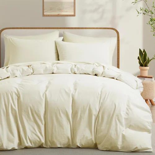 Miniatura 14 de LOVQUE Funda de edredón de algodón verde oliva, tamaño King, juego de ropa de cama natural similar al lino con cierre de cremallera (sin edredón)