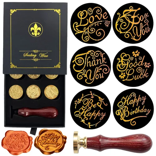 Miniatura 12 de Juego de caja de regalo de sellos de cera, 6 sellos de cera de sellado, sellos de cobre, 1 empuñadura de madera, kit de sellos de cera para sobres