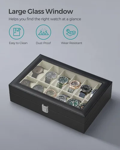 Miniatura 4 de SONGMICS Watch Box, 12-Slot Watch Case with Large Glass Lid, Removable Watch Pillows, Watch Box Organizer, Gift for Loved Ones, Black Synthetic