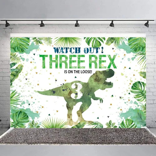 Miniatura 4 de Hilioens Telón de fondo de cumpleaños de 3 x 3 pies para niños, dinosaurio de tercer cumpleaños, fondo de hojas verdes, decoración de fiesta