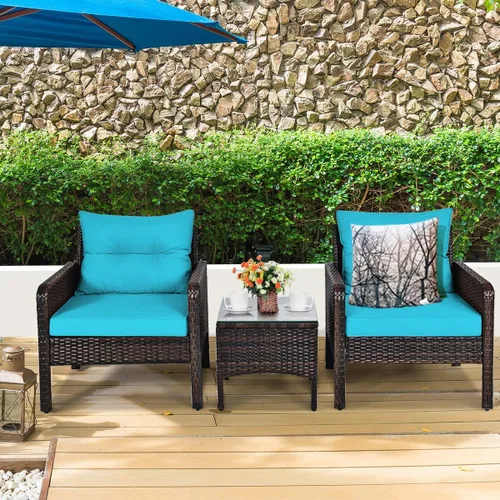 Miniatura 3 de Tangkula Sillas de mimbre de 3 piezas con mesa auxiliar superior de cristal, cojines gruesos, para todo tipo de clima, jardín, césped, piscina