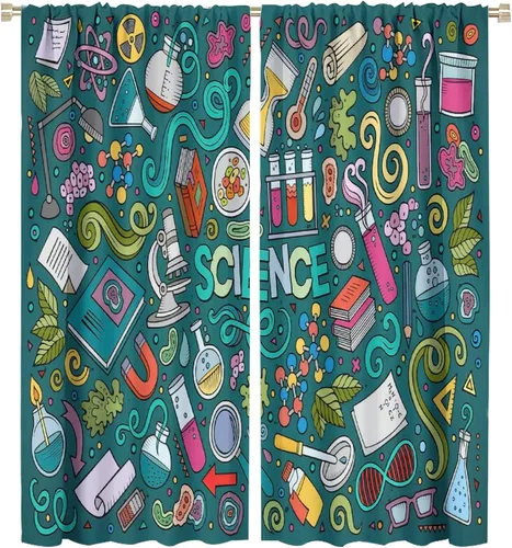 Miniatura 83 de Cortinas opacas para ventanas de ciencia para niños, lupa de libro de laboratorio de ciencia, lupa, frascos moleculares, cortinas impresas