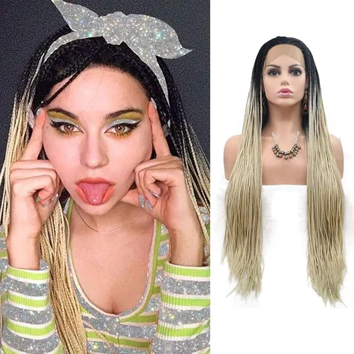 Miniatura 12 de Pelucas trenzadas azules con encaje frontal para mujeres negras, con micro trenzas trenzadas, color degradado, menta, verde, azul, morado, peluca