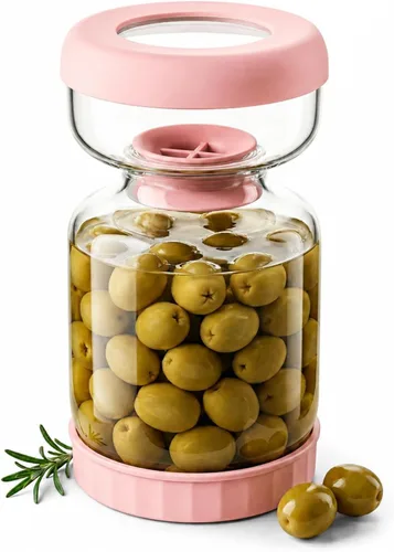 Homnoble - Tarro de reloj de arena con pepinillos y aceitunas con colador abatible para separador de jugo de húmedo y seco, tapa de ABS de grado Rosa