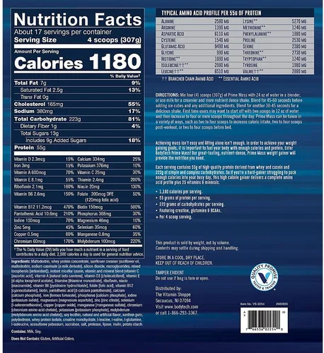 Miniatura 2 de BodyTech Prime Mass - Ganador de masa alto en calorías - Apoya el crecimiento muscular y el aumento de peso - Vainilla (12 libras, 17 porciones)