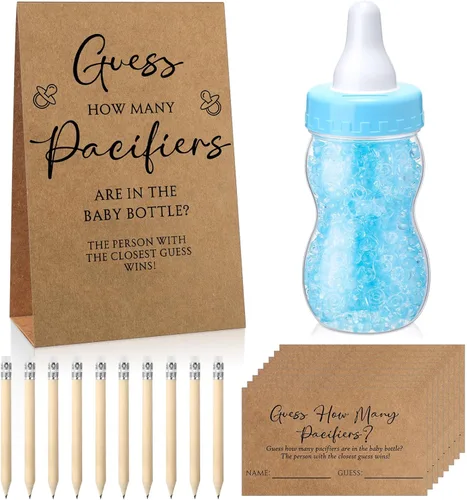 Miniatura 16 de Roowest 512 piezas de juegos de baby shower Adivina cuántos chupetes letrero, 100 pequeños juegos de adivinanzas, 10 lápices HB, botella de leche