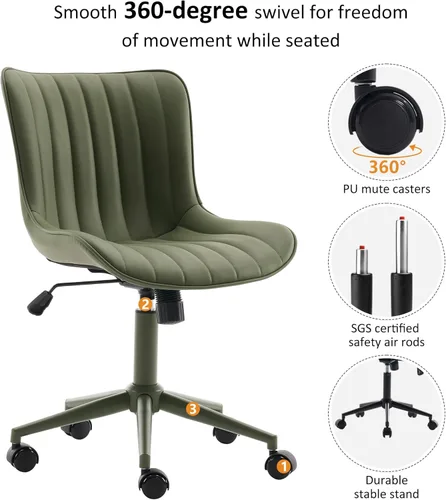 Miniatura 4 de YOUNIKE Silla de Escritorio Verde para Oficina en Casa con Ruedas Sin Brazos Compacta Cómoda Silla de Tocador con Respaldo Ajustable Moderna Pequeña