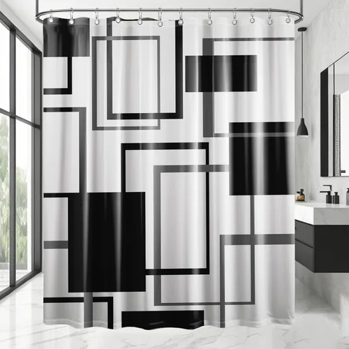 Miniatura 11 de Cortina de Ducha en Blanco y Negro Geométrica Cortinas de Ducha para Decoración de Baños de Hombres Juego de Cortina de Baño en Negro Blanco y Gris