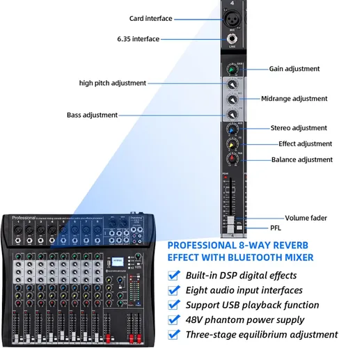 Miniatura 7 de Depusheng DT8 Mezclador profesional, tablero de sonido, consola de 8 canales, interfaz de sistema de escritorio, USB digital, entrada de computadora