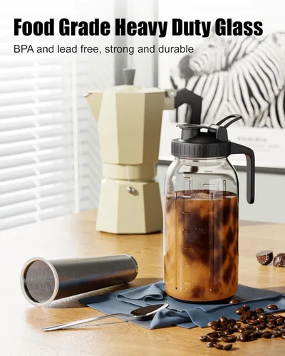 Miniatura 6 de Pack de 2 cafeteras de infusión en frío - Jarra de vidrio Mason de 64 oz con filtro de acero inoxidable, tapa con pico para café helado, té, 2 Pack