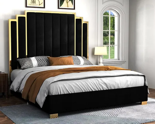Miniatura 17 de Albott Marco de cama de plataforma tamaño Queen, cama tapizada de terciopelo de 61.4 pulgadas con cabecero de ribete dorado, listones de madera,