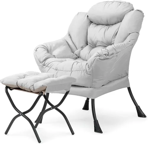 Miniatura 10 de Athena Collection Silla perezosa con otomana, sofá de salón, silla tapizada con reposapiés plegable, silla de lectura con bolsillo lateral y Beige
