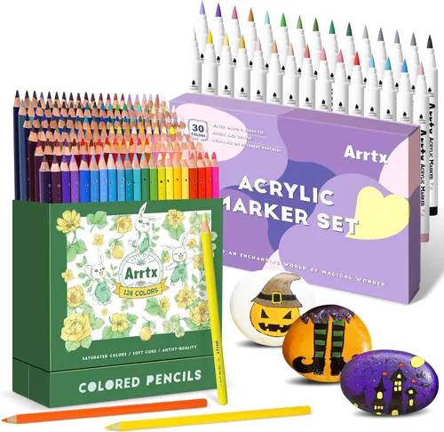 Paquete de lápices de colores profesionales Arrtx de 126 colores con Arrtx 30 colores para pintura de rocas, punta de pincel extra, marcadores de